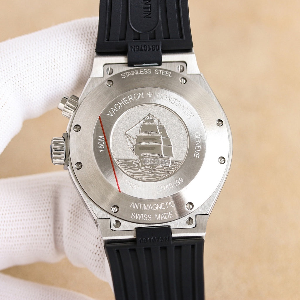 Vacheron Constantin watch caseback in stainless steel with black rubber strap