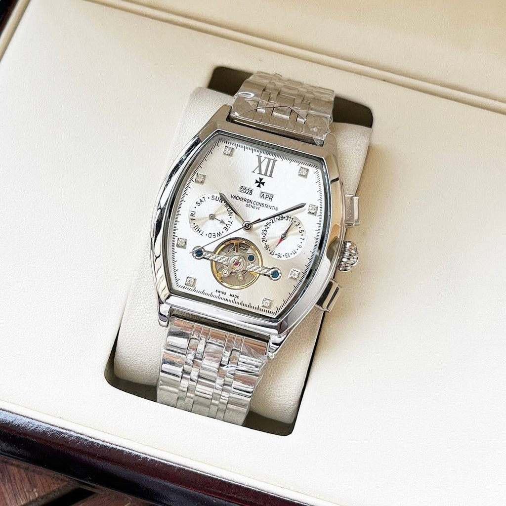Stainless steel men's wristwatch with white dial, Roman numerals, and metal bracelet.