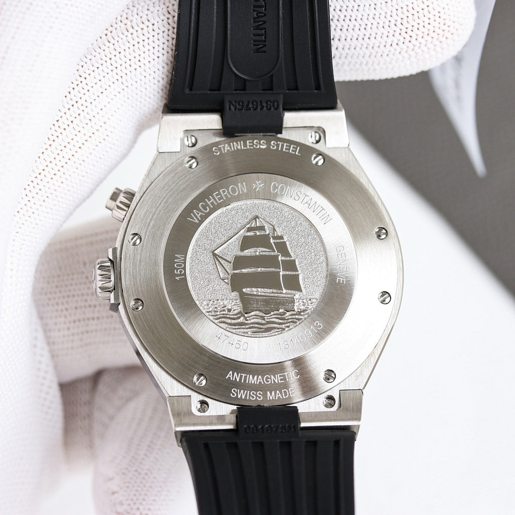 Stainless steel caseback engraved with ship motif; antimagnetic Swiss Made text