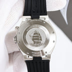 Stainless steel caseback engraved with ship motif; antimagnetic Swiss Made text