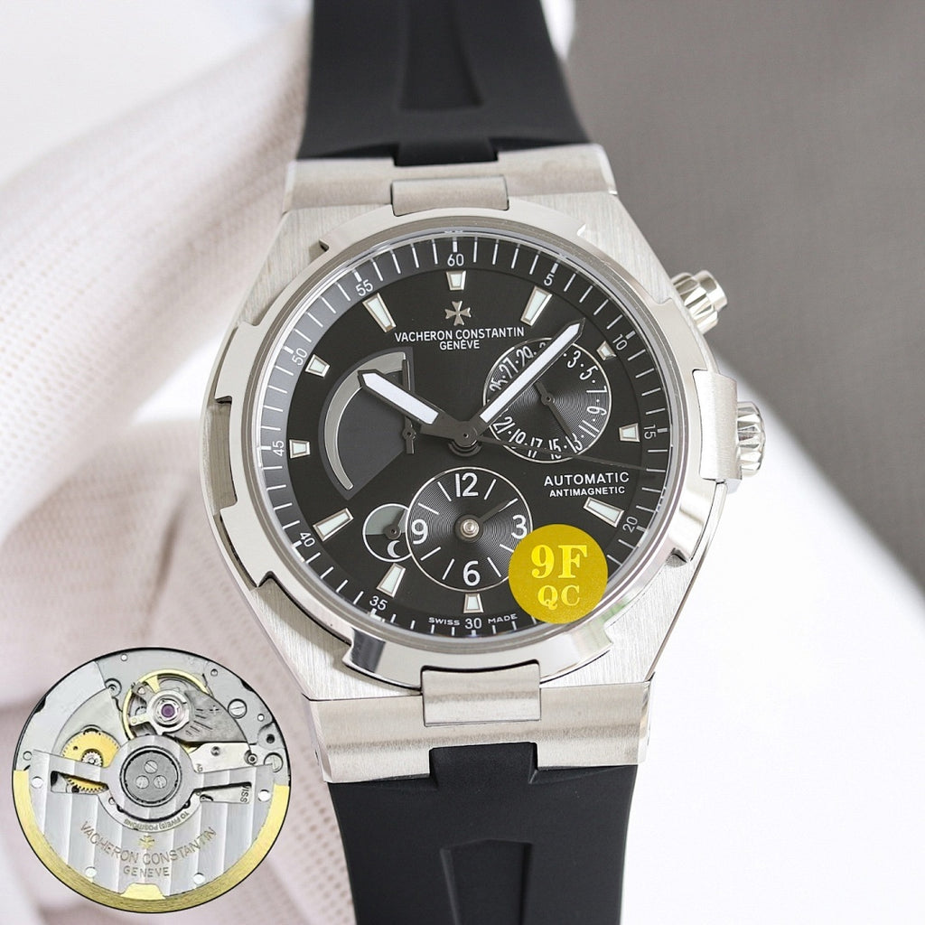 Stainless steel wristwatch with black dial, rubber strap, and 9F QC yellow sticker