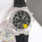 Stainless steel wristwatch with black dial, rubber strap, and 9F QC yellow sticker