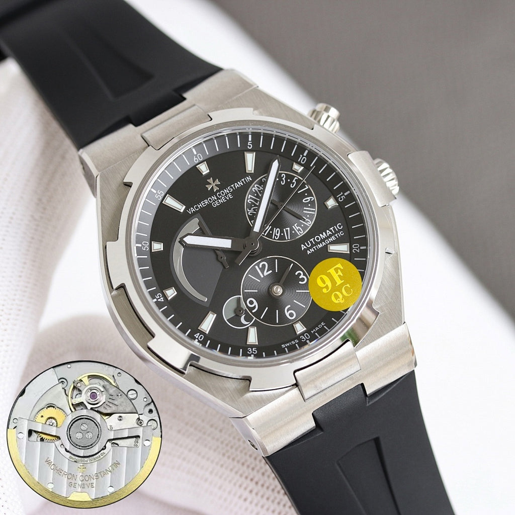 Stainless steel wristwatch with black dial, rubber strap, and visible 9F QC sticker