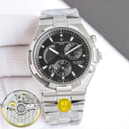 Vacheron Constantin watch with black dial and steel bracelet; subdials and date window