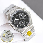 Stainless steel wristwatch with black dial, steel bracelet, 9F QC sticker and movement inset