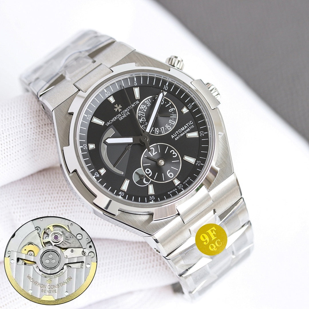 Stainless steel wristwatch with black dial, steel bracelet, 9F QC sticker and movement inset