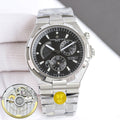 Vacheron Constantin watch with black dial, steel bracelet, subdials and date window
