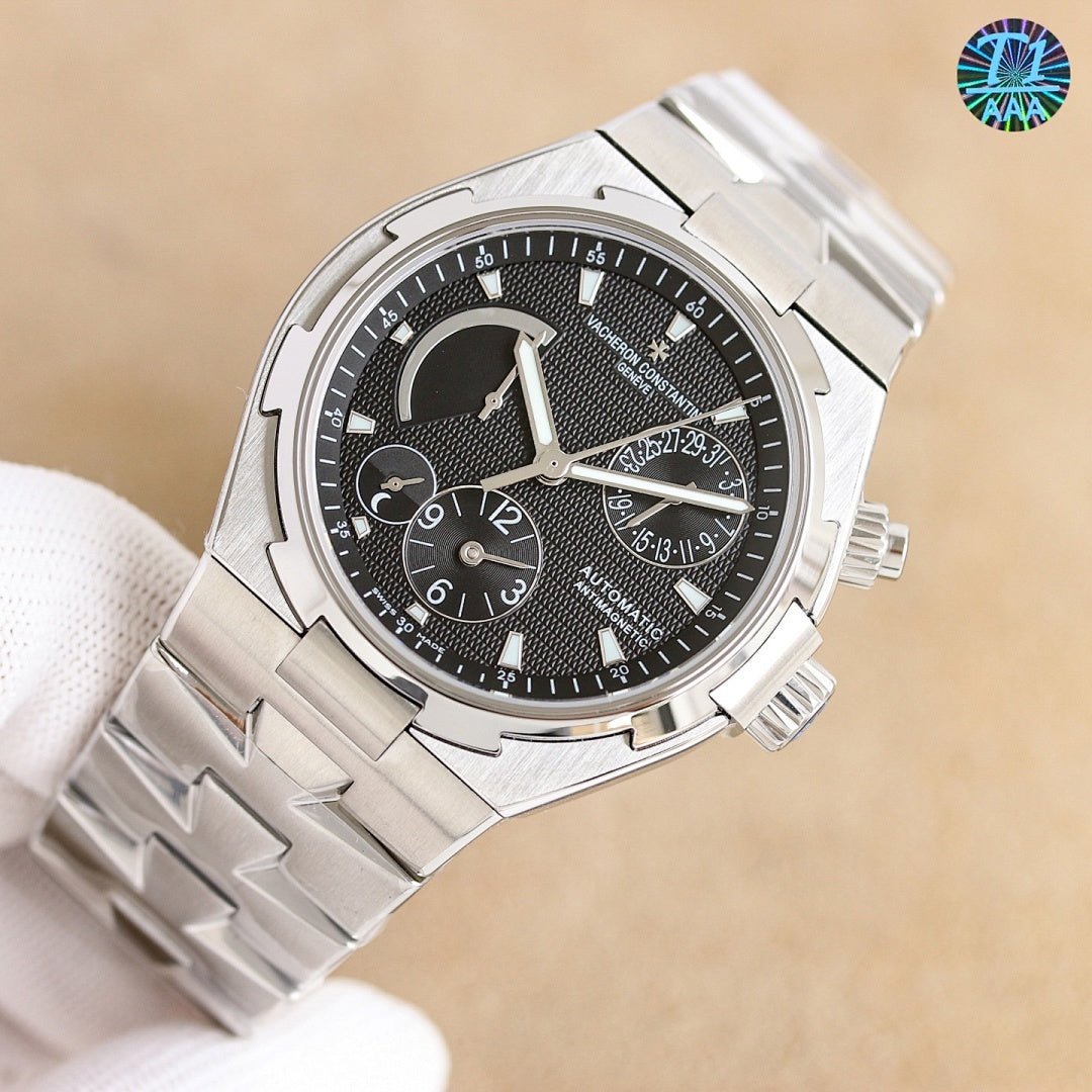 Vacheron Constantin automatic watch with black dial and steel bracelet, multi-dial layout