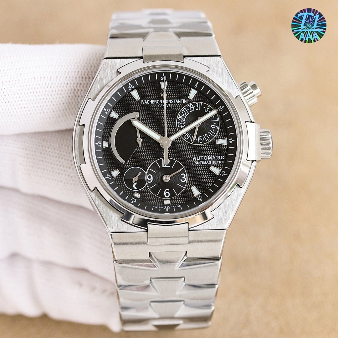 Vacheron Constantin automatic watch with black dial and steel bracelet, front view