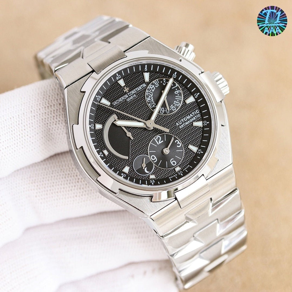 Vacheron Constantin automatic watch angled view with black dial and steel bracelet