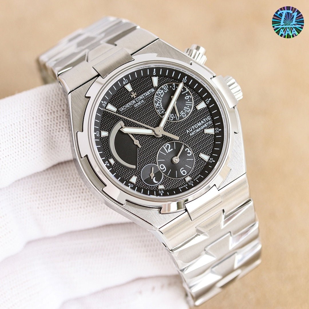 Vacheron Constantin automatic watch angled view with black dial and steel bracelet