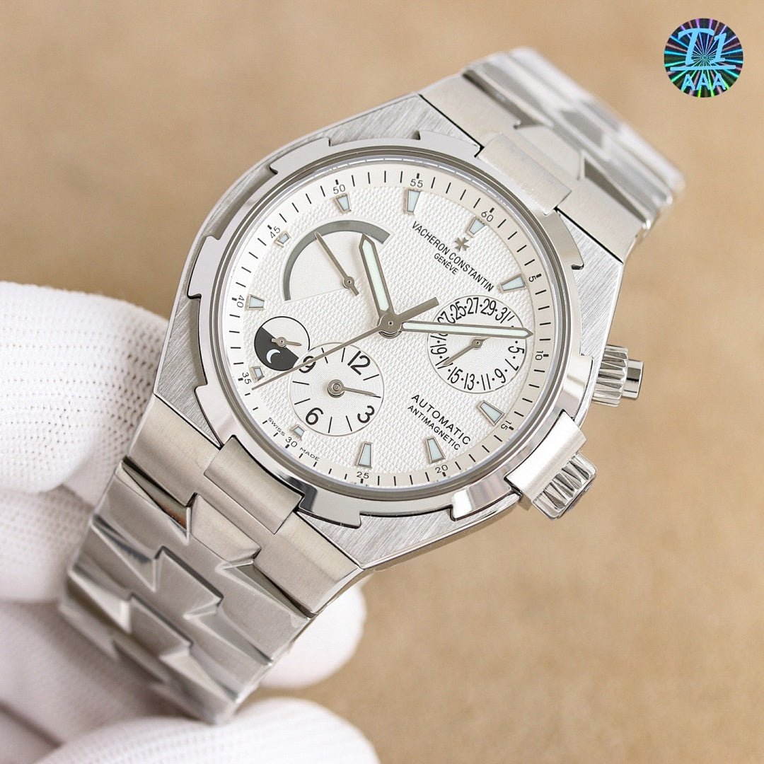 Vacheron Constantin automatic watch angled view with white dial and steel bracelet