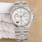 Vacheron Constantin automatic watch with white dial and steel bracelet, centered front view
