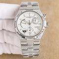 Vacheron Constantin automatic watch with white dial and steel bracelet, crown side view