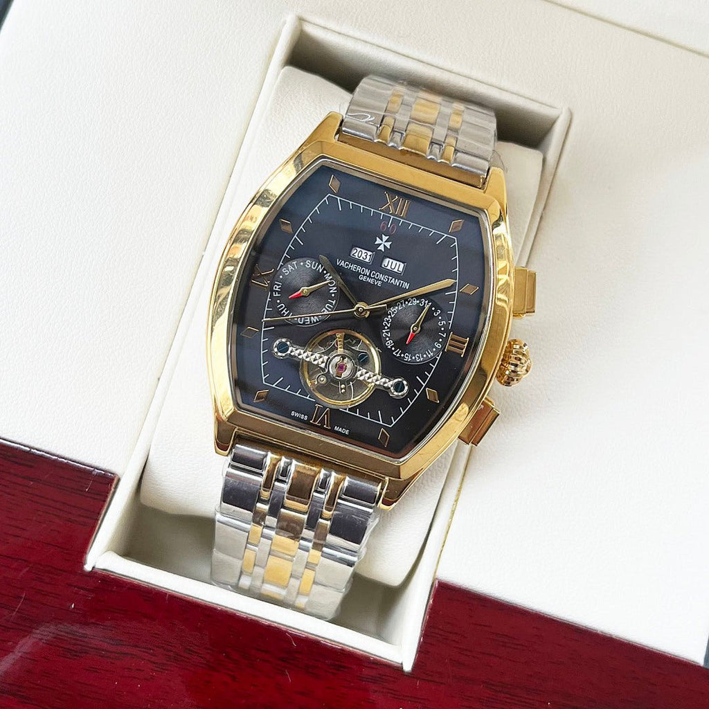 Vacheron Constantin two-tone wristwatch with black dial and gold-tone bezel, in box