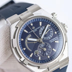 Men's automatic wristwatch with blue dial, stainless steel bezel, blue rubber strap