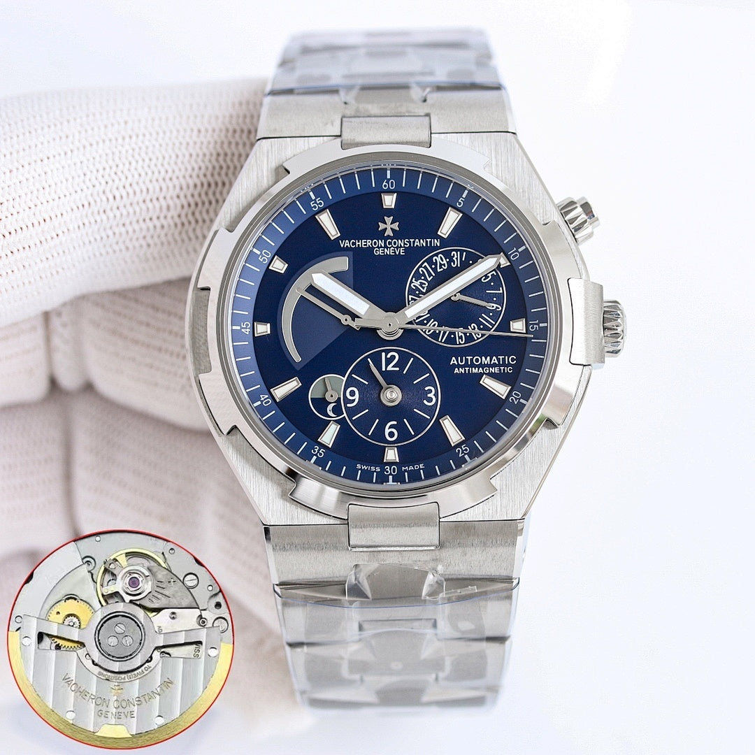Men's automatic wristwatch with blue dial, stainless steel bracelet, steel case
