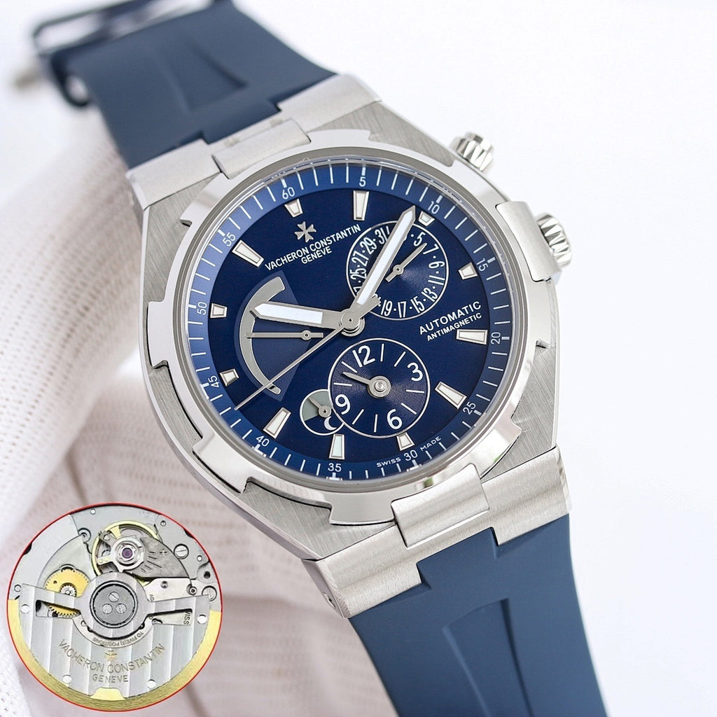 Men's automatic wristwatch with blue dial and subdials, stainless steel case, blue strap
