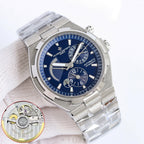 Men's automatic wristwatch with blue dial, stainless steel case, transparent link bracelet