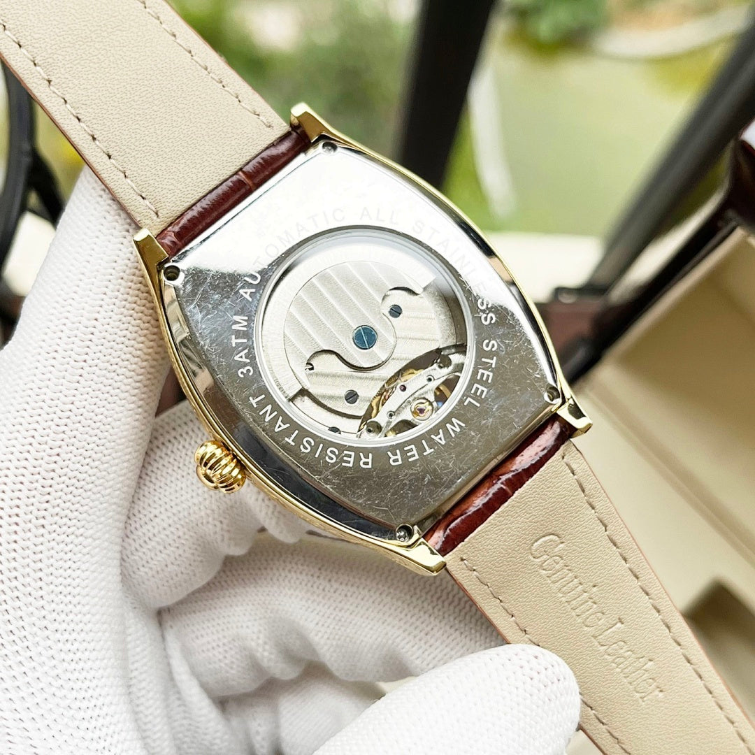 Vacheron Constantin watch caseback with engravings, brown leather strap