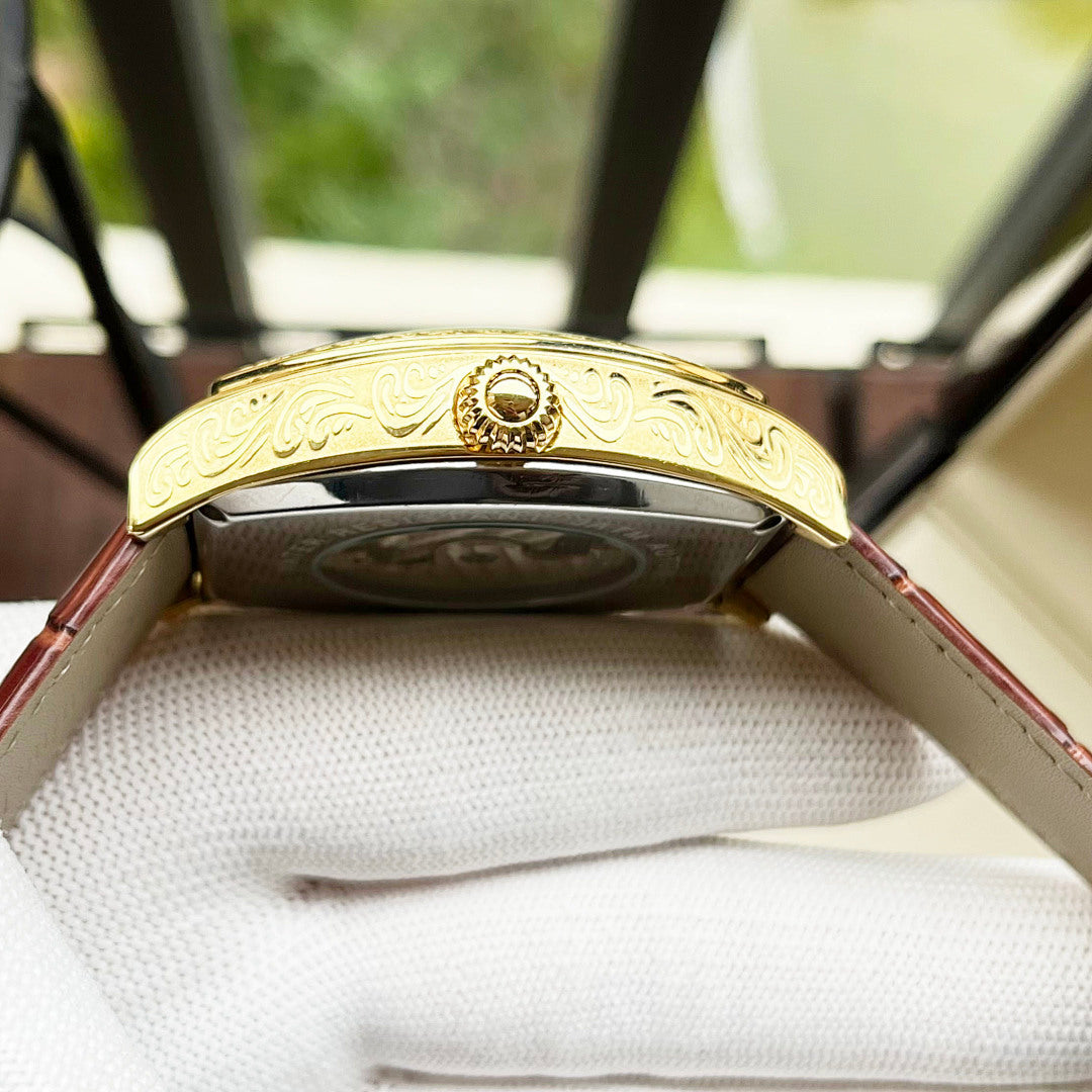 Vacheron Constantin watch caseback, gold-toned bezel, leather strap