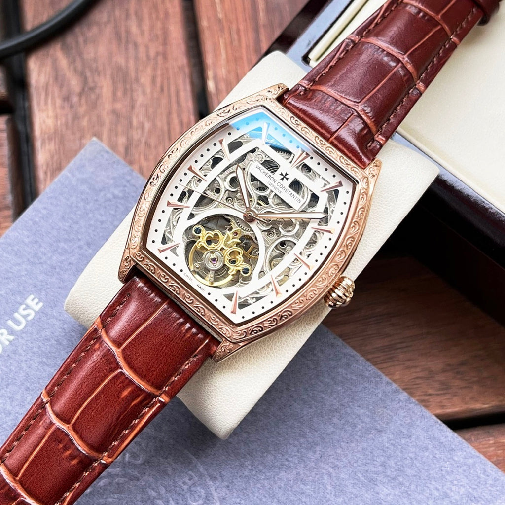 Vacheron Constantin skeleton watch, gold case, brown leather strap, front detail