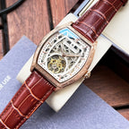 Vacheron Constantin skeleton watch, gold case, brown leather strap, front detail