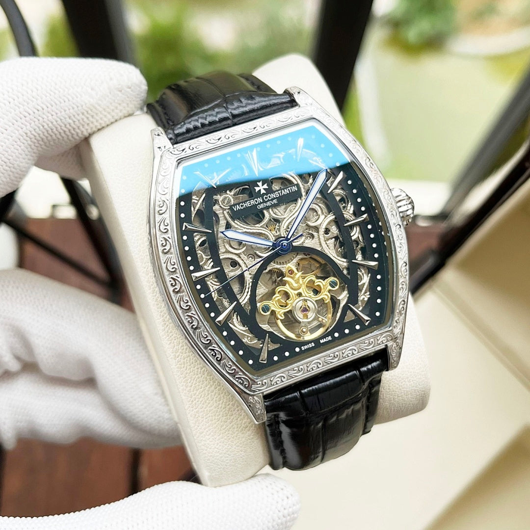 Vacheron Constantin skeleton watch, silver case, black leather strap, blue dial