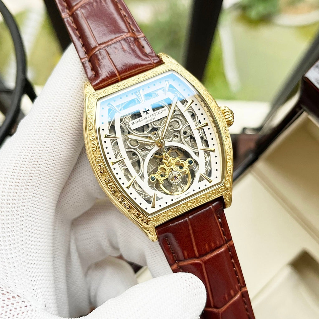 Vacheron Constantin skeleton watch, gold case, brown leather strap, blue dial