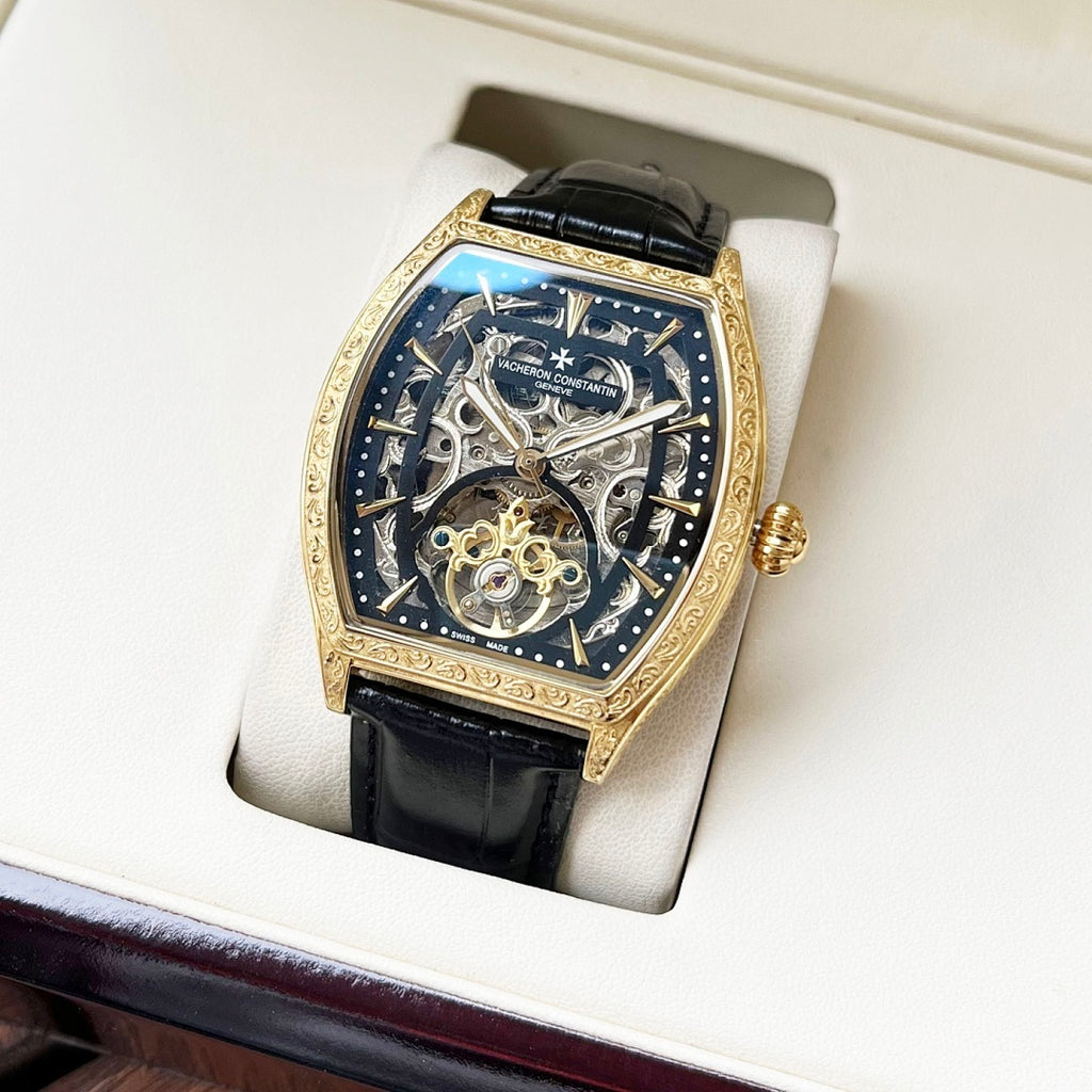 Vacheron Constantin skeleton watch, gold case, black leather strap