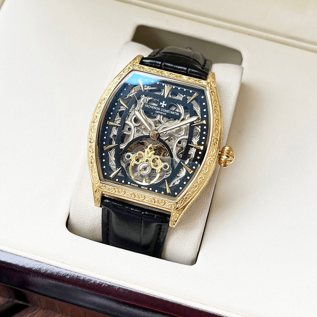 Vacheron Constantin skeleton watch, gold case, black leather strap