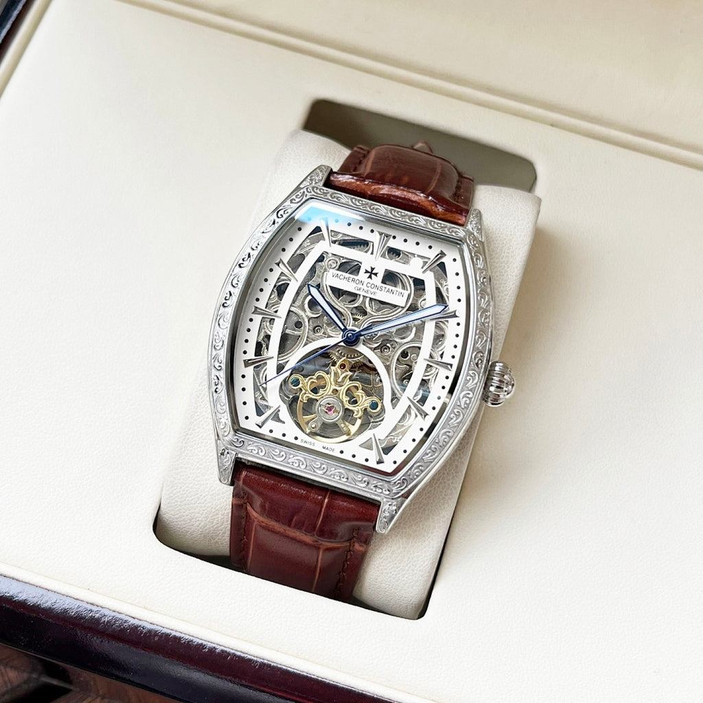 Vacheron Constantin skeleton watch on display, silver case, brown leather strap
