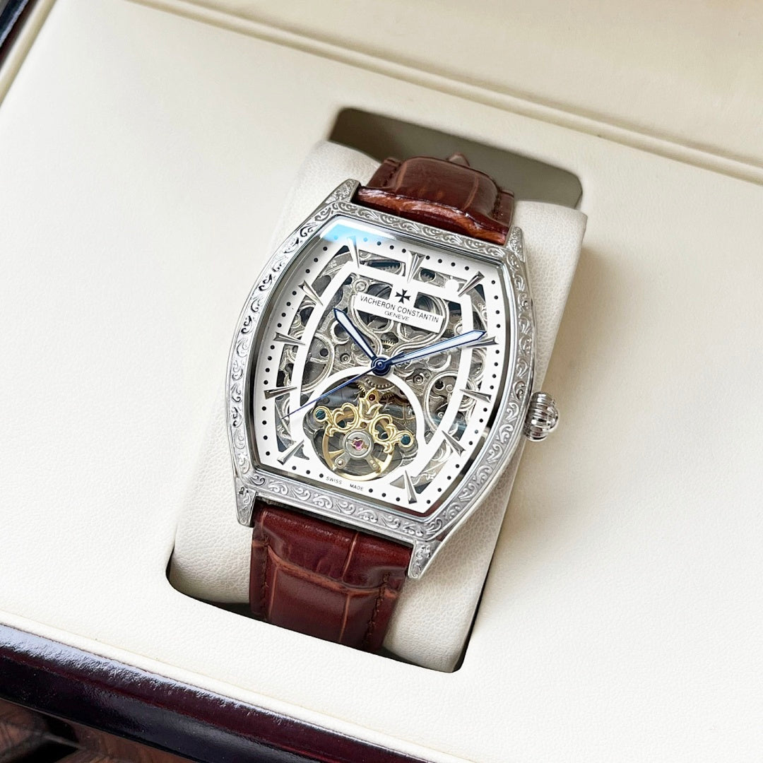 Vacheron Constantin skeleton watch on display, silver case, brown leather strap
