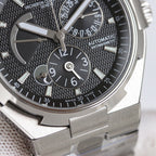 Vacheron Constantin watch close-up of black dial, subdials, and baton hour markers