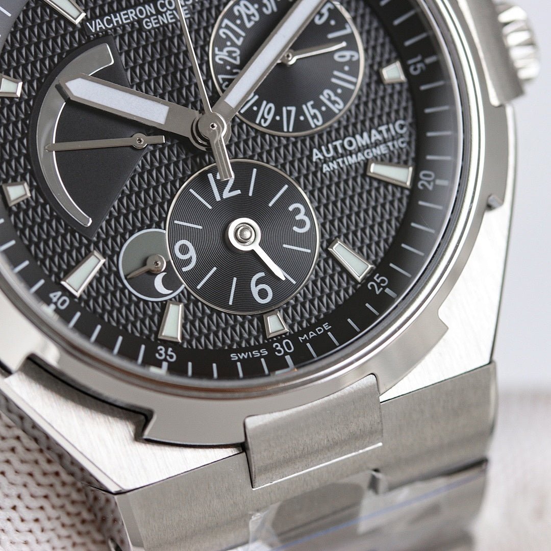 Vacheron Constantin watch close-up of black dial, subdials, and baton hour markers