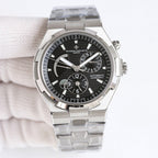 Vacheron Constantin watch with black dial and steel bracelet, three subdials, date window