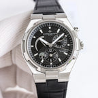 Vacheron Constantin watch with black dial and dark leather strap, three subdials, date window
