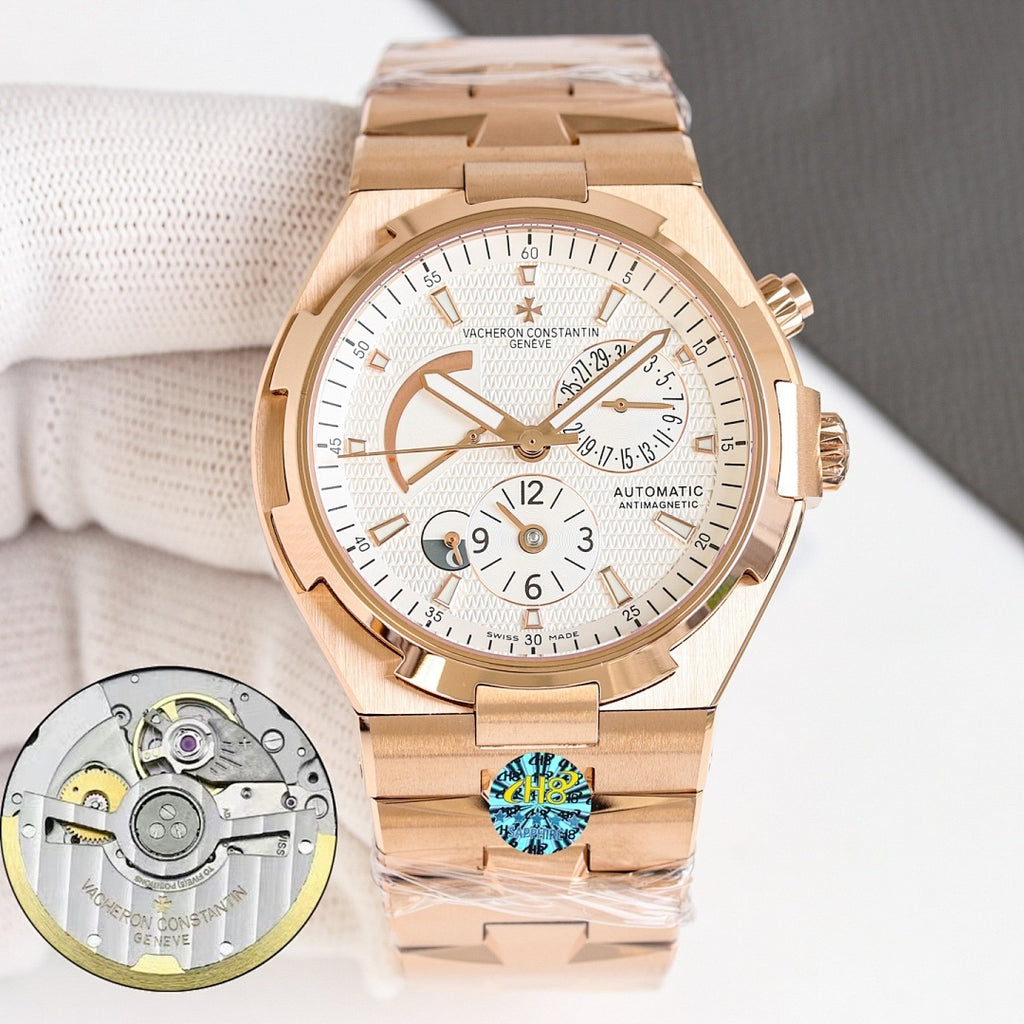 Vacheron Constantin rose gold watch with white dial, metal case, automatic, inset movement.