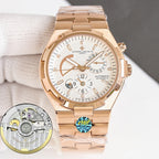 Vacheron Constantin rose gold watch with white dial, metal case, automatic, inset movement.