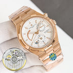 Vacheron Constantin rose gold watch with white dial, metal bracelet, inset movement view.
