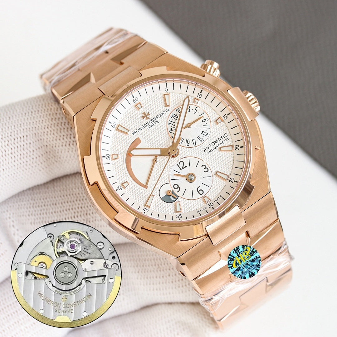 Vacheron Constantin rose gold watch with white dial, metal bracelet, inset movement view.