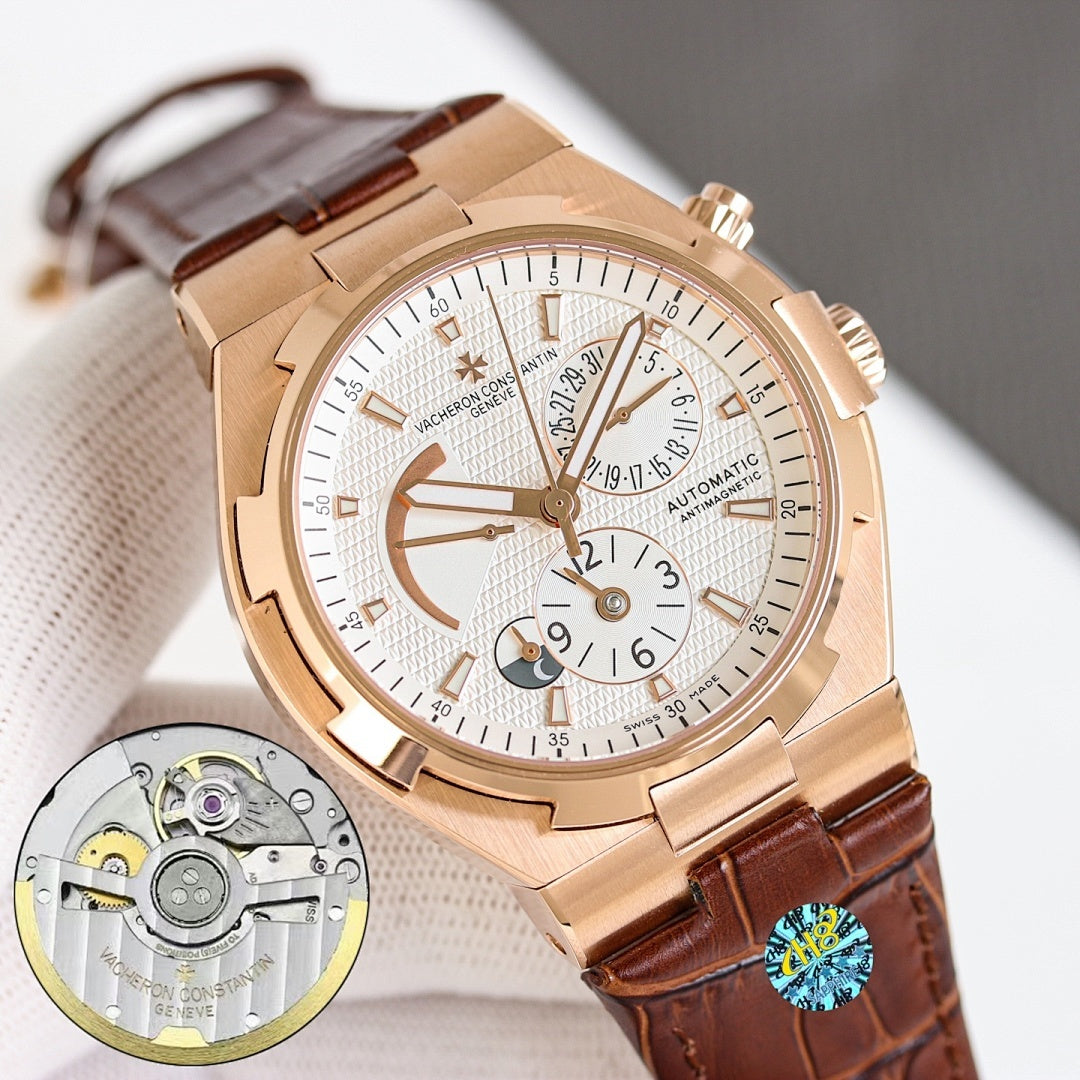 Vacheron Constantin rose gold watch with white dial, brown leather strap, automatic, cutaway.