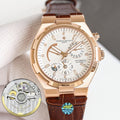 Vacheron Constantin rose gold watch with white dial, brown leather strap, automatic.