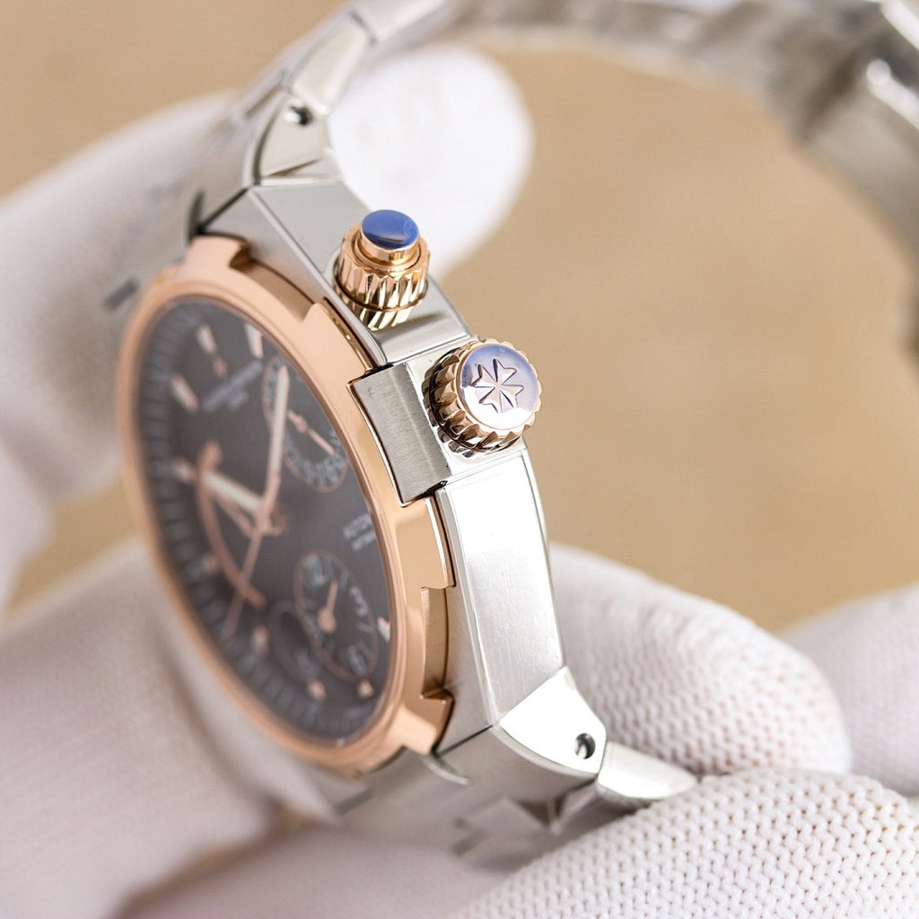 Vacheron Constantin watch side view, silver case with rose-gold crown accents