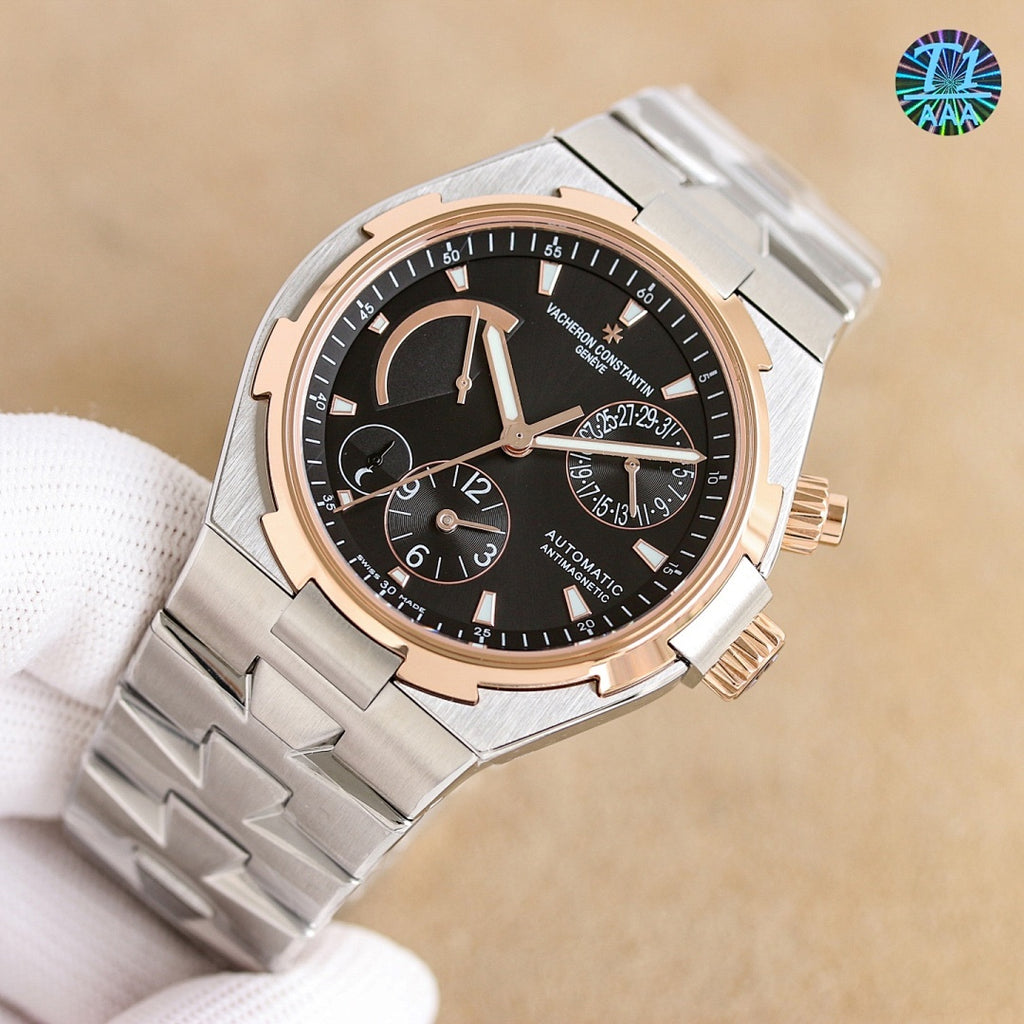 Vacheron Constantin watch, silver bracelet with dark blue dial and rose-gold hour markers