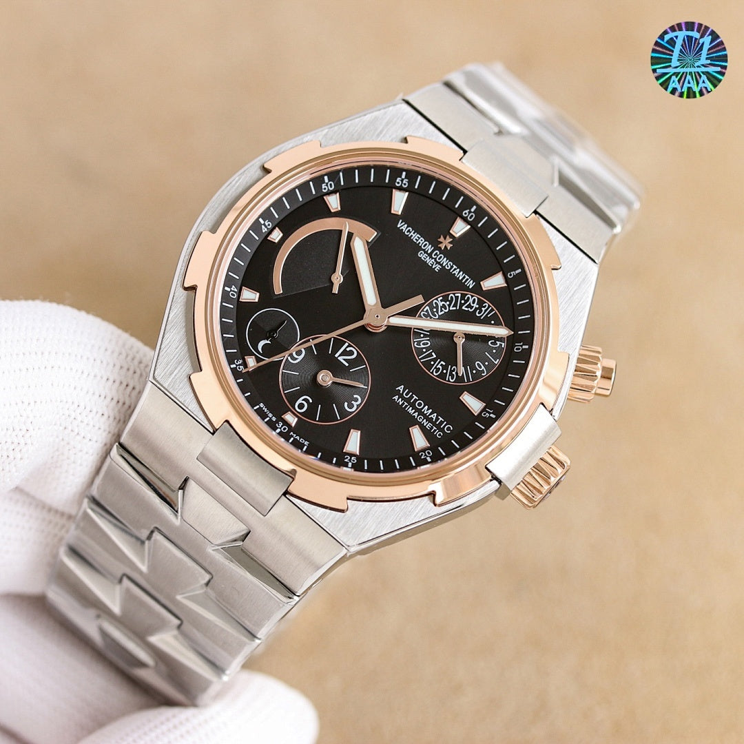 Vacheron Constantin watch, silver bracelet with dark blue dial and rose-gold hour markers