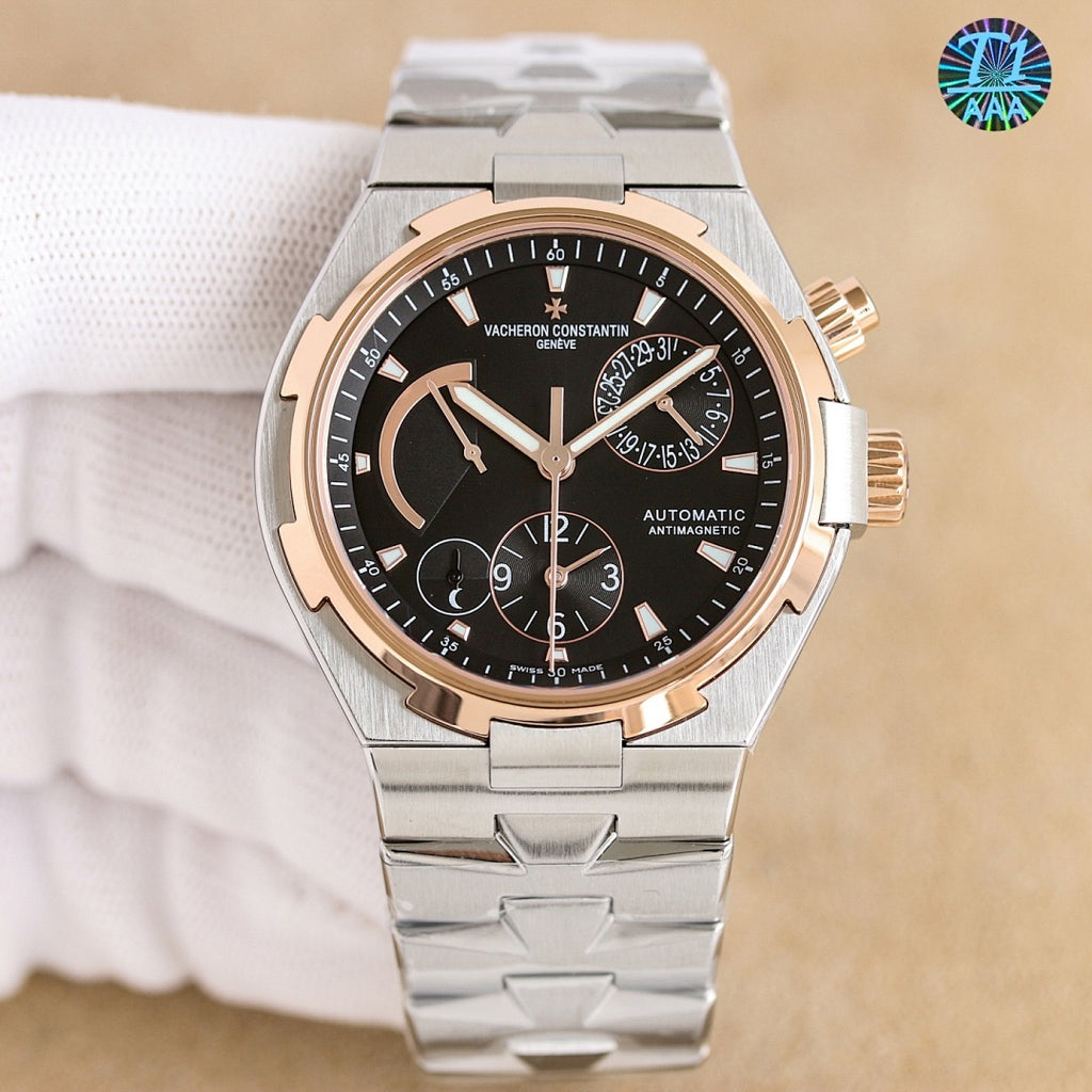 Vacheron Constantin watch, silver bracelet and dark dial with rose-gold indices and subdials