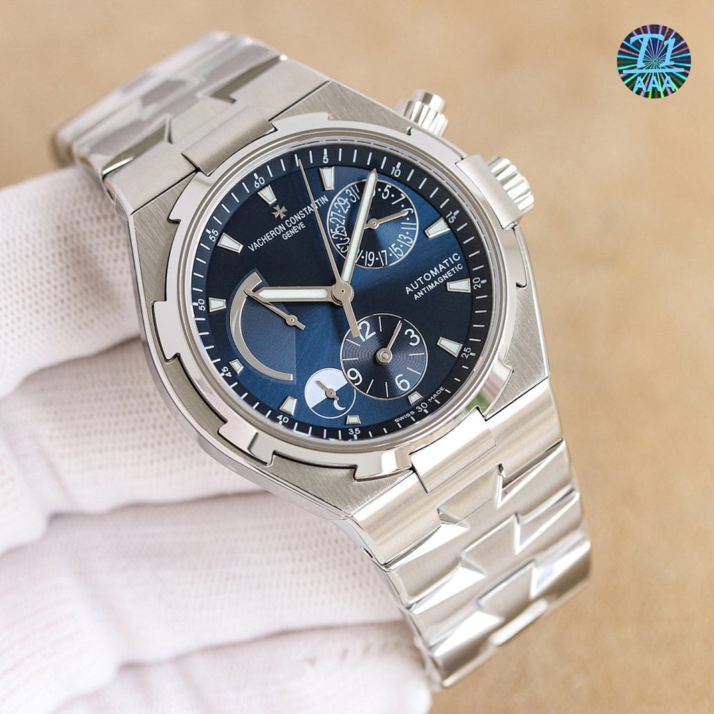 Vacheron Constantin watch, silver bracelet and dark blue dial with three subdials
