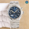 Vacheron Constantin watch with silver bracelet, dark blue dial, three subdials and date window