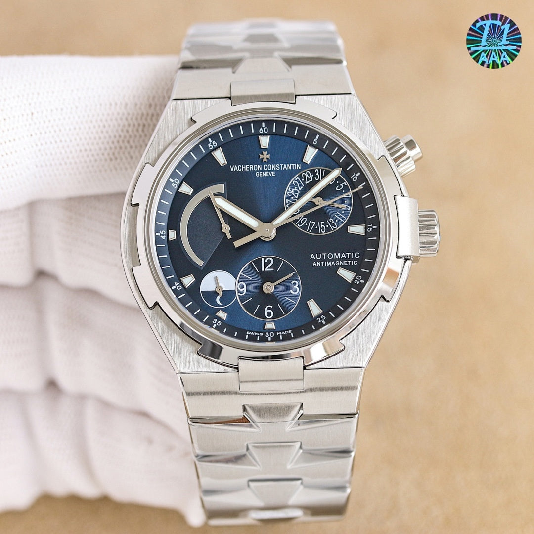 Vacheron Constantin watch with silver bracelet, dark blue dial, three subdials and date window